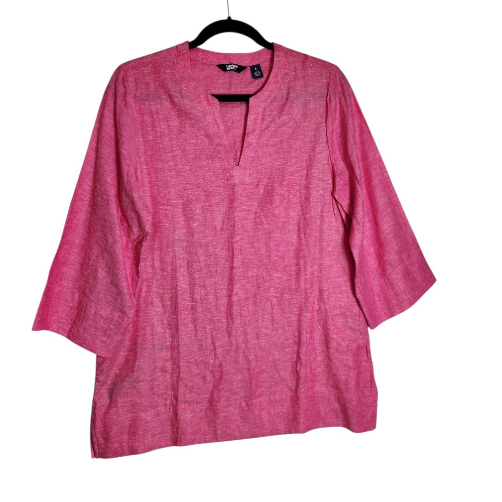 Lands End Womens Pink Linen Blend Split V-Neck 3/4 Sleeve Tunic Top Small